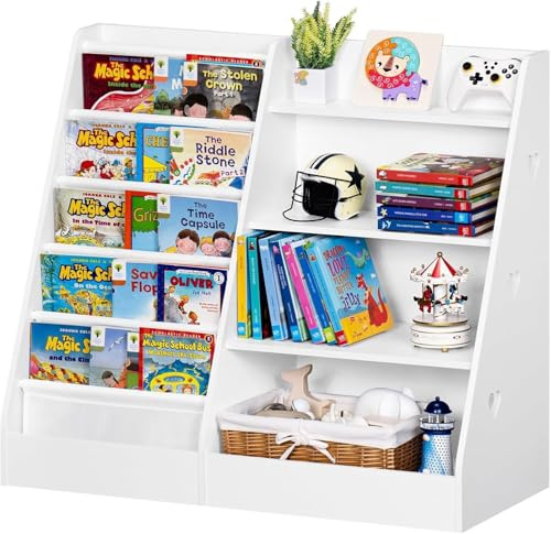 DEZYN 4 Tier Kids Bookshelf and Storage Organizer with 5 Sling Pockets, Wooden Baby Toddler Bookcase with Display Cabinet Large Storage for Playroom, Nursery, Bedroom, Classroom, School (White)