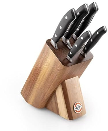 Elite 5-Piece Knife Block Set by A Cut Above Knives, 9cm-20cm Stainless Steel Knives, Acacia Wood Block