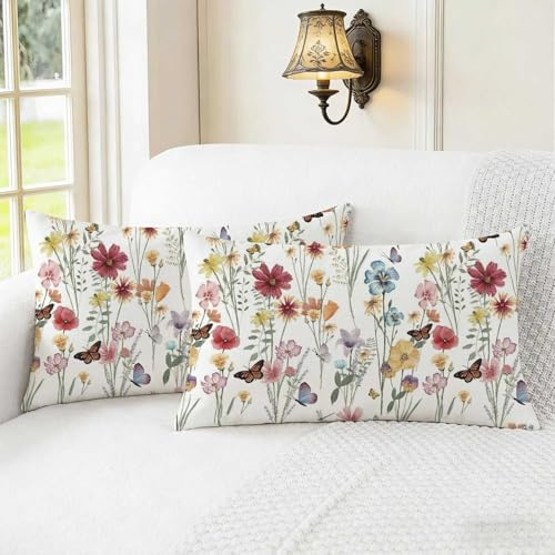 Jayusaror Kissenbezug 30x50 Frühling Bunte Blumen Blätter Outdoor Sofakissen Landhausstil Kissenhüllen Dekokissen Kissen Couchkissen Kissenbezüge Zierkissenbezug Garten Sofa Deko，2er Set