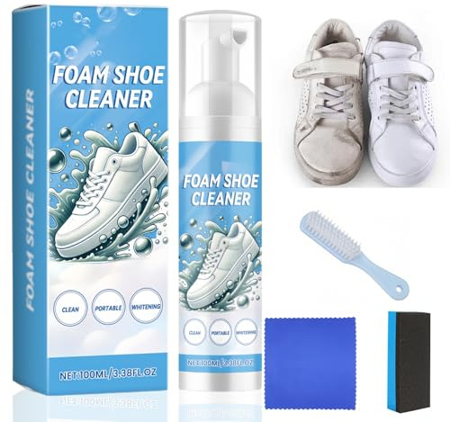 White Shoe Cleaner & Whitener Kit - Instant Color Restorer & Polish for Trainers, Canvas and Other | Deep Cleaning Foam Formula for Stubborn Stains | Includes Shoe Brush & Cloth for Complete Shoe Care