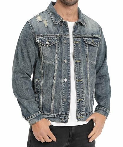 CoXuantion Giacca Jeans uomo Classico Lavato Vintage Jacket Casual Jeans Cappotto Cotone Trucker Giacca Biker Moto Capispalla in Denim Strappato L,Blu