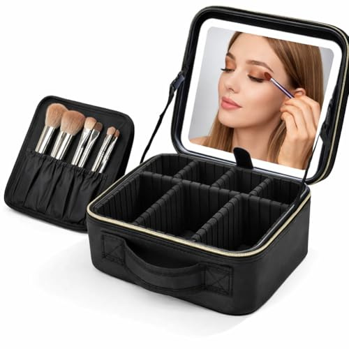 BAKAJI Borsa Nera Make Up Porta trucchi con Led, Valigetta Portatile con Specchio ed Illuminazione a 3 Livelli, Bianco Caldo, Freddo e Neutro, Organizer con Scomparti e Porta Pennelli