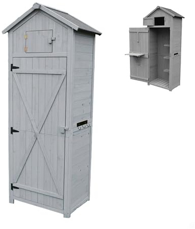 Relaxdays Gartenschrank, Holz, wetterfestes Dach, 3 Ablagen, klappbarer Tisch, HBT: 180,5 x 75 x 50 cm, Holzhaus, grau
