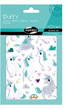 MY MANDARINE AE152C - Packung Puffy, 1 Stickerbogen 10,5x16 cm, (30 Stickers), 3D-Effekt mit Glitzer, Einhorn, 1 Pack
