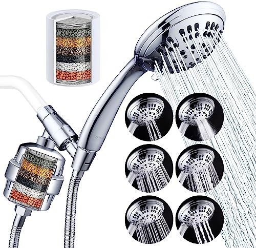 G-Promise Luxury Filtered Handheld Shower Head, Shower Set 6 Spray Showerhead with Effective Filter of 2 Cartridges, Adjustable Metal Bracket, Extra Long Stretchable Hose, Chrome (Chrome with Filter)