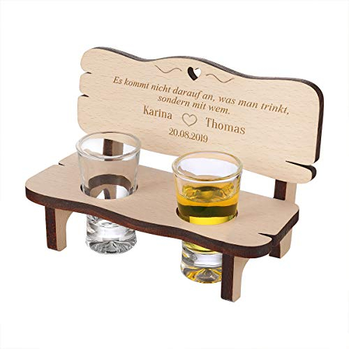 Hochzeitsbank personalisiert mit 2 Schnapsgläser - Geschenkidee aus Holz - personalisiertes Geschenk zur Hochzeit - Motiv Text