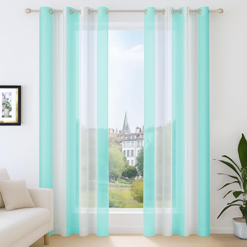 Deconovo Ösenschals in Leinenoptik, Transparente Gardinen, Vorhänge Durchsichtig Nadelstreifen, Stores Gardinen Schlafzimmer, 183x140 cm(HöhexBreite), Blaugrün, 2er Set