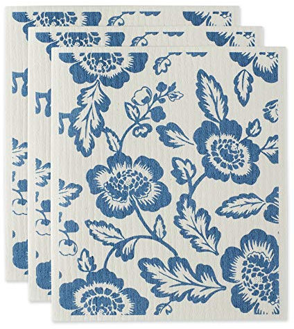 DII - Paños suecos para Cocina y Limpieza, Reutilizables, Lavables a máquina y Aptos para lavavajillas, biodegradables, 19,6 x 17 cm, Blue Floral (Azul Floral), 3 Unidades
