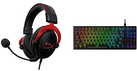 HyperX HX-KB7RDX-US Alloy Origins Core, RGB Mechanische Gaming Tastatur, Tenkeyless, Red switches (US Layout), Schwarz & KHX-HSCP-RD Cloud II - Gaming Kopfhörer (für PC/PS4/Mac) rot, red