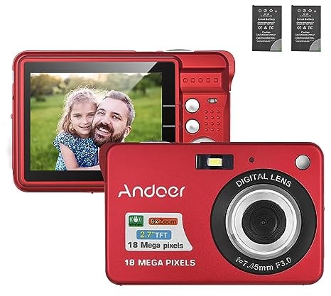 Andoer 18MP Compact Camera With 2.7 LCD Screen, 8X Zoom, Anti-Shake, 2 Batteries - Portable for Kids, Teens, Adults, Beginners - Red