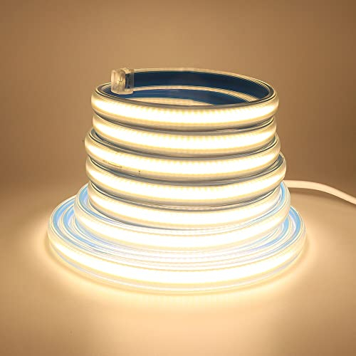 Wisada COB LED Streifen 15m,220V 280 LEDs/m FCOB LED Band CRI≥90, Wasserdichte Hohe Dichte Flexibler Superhell Warmweiß COB LED Lichtband mit Stecker für Schlafzimmer, Schrankbeleuchtung