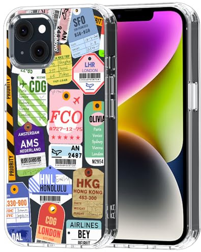 MOSNOVO Hülle für iPhone 13 & iPhone 14, [2 m Militärschutz] [Anti-Abblätter-Technologie] Transparente stoßfest TPU Stoßfänger Handyhülle mit Design - Flugticket-Etiketten
