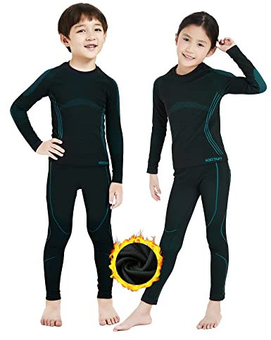 NOOYME Thermounterwäsche Kinder Set Skiunterwäsche Kinder Thermo Unterwäsche Extra Warme Funktionsunterwäsche Kinder Unisex Sportunterwäsche Kinder Fussball, Schwarz-hellblau (146/152) 150-155cm