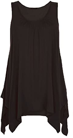 Womens Hanky Hem Sleeveless Tops for Women Ladies Flared Loose Fit Blouse Jersey Long Stretch Tunic Vest Top Swing Plain Summer Plus Size Vests 8-26 Black