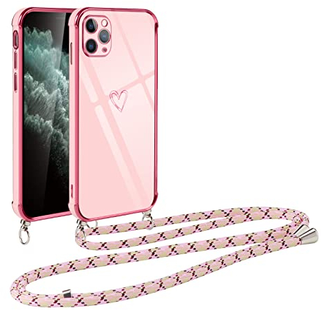 Vauki Handykette für iPhone 11 Pro Hülle mit Band, Handyhülle mit Kette, Herz Motiv, Ultra Dünn Stoßfeste Aesthetic Case mit Kordel zum Umhängen für iPhone 11 Pro 5.8 Zoll, Rosa