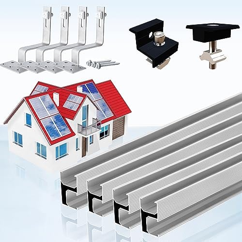 Warmfay Solar Halterung Ziegeldach Set für 4 Module, Upgrade 300MM Aluprofil und Photovoltaik Dachhaken, Solarmodul Halterung Ziegeldach Schwarz Einstellbare Klemmen für Modul Dicke 30-35mm