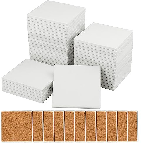60 Pieces 4 Inch Blank Ceramic Coasters, Unglazed Ceramic Tiles Coasters, Ceramic Tiles with Cork Backing Pads for Painting, DIY Crafts, Mosaics, Square, White.by GNIEMCKIN