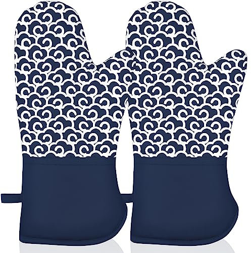 NAVITHOUS Extra lange Ofenhandschuhe, hochhitzebeständig, 500 Grad Ofenhandschuhe mit weichem Baumwollfutter und rutschfestem Silikon, perfekt zum Grillen, Backen, Kochen und Grillen, 1 Paar (blau)