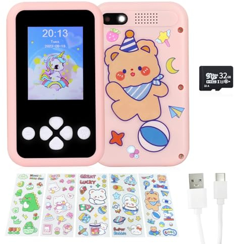 Jirmerp Kinder Handy,Smartphone für Kinder Touch-Screen Spielzeug-Handy mit Kamera, Musik und Spielfunktionen mit Aufkleber 32 GB Speicherkarte (Buttons, pink)