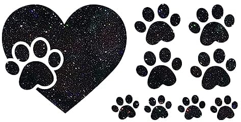 Glitzerdeals Bügelbilder Glitzer Pfote im Herz und kleine Pfoten schwarz Aufbügler für Textilien Karneval Kostüm Pfoten Bügelflicken Pfote Fasching Patch zum Aufbügeln Pfoten