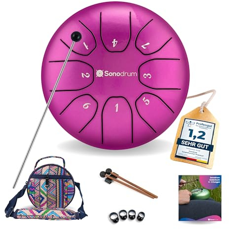 Sonodrum Zungentrommel Standard C - Dur in Lila - 14 cm klein mit 8 Tönen - Steel Tongue Drum inkl. Liederbuch, Schlägel, Fingersticks und Tragetasche - Notenlesen nicht nötig, einfach zu spielen.