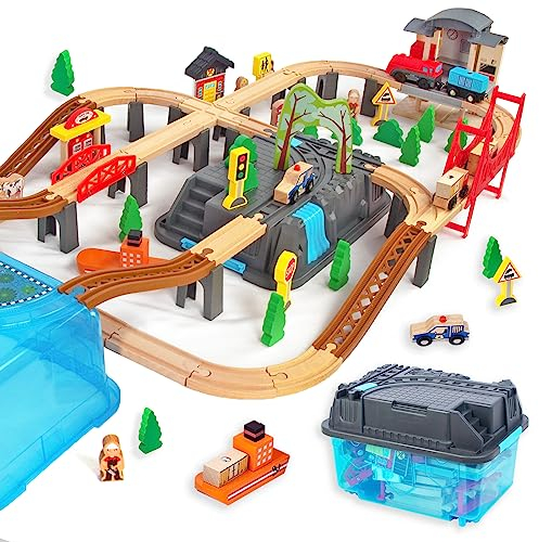 100Pcs Wooden Train Set for 3 Year Old Boys, Double-Side Train Set Tracks with Bridge Train Station & Storage Box, Fits Brio, Thomas, Melissa and Doug, Kids Gift Toys for Boy 3-7
