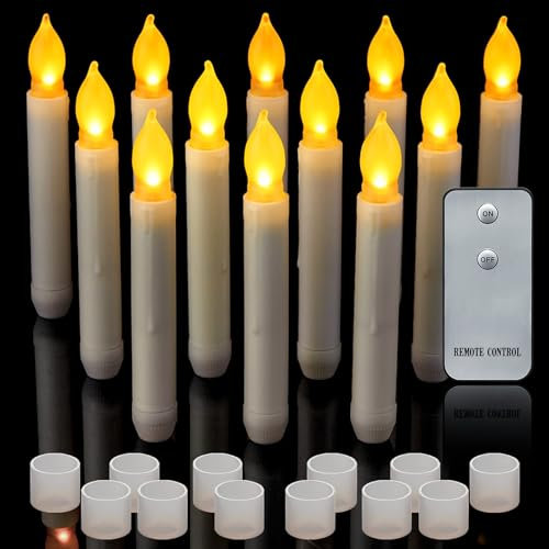 Yakpo 12 Pack LED Taper Candles with Remote, Battery Operated Halloween Flameless Flickering Outdoor Flicker Electric Hanging Floating Fake Votive Candlesticks Bulk for Window Christmas Decorations