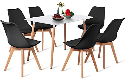 EGGREE Esszimmer-Set, rechteckig, Esstisch mit 6 Stühlen, Küchentisch, Tisch aus Holz | weißer Tisch + 6 schwarze Stühle