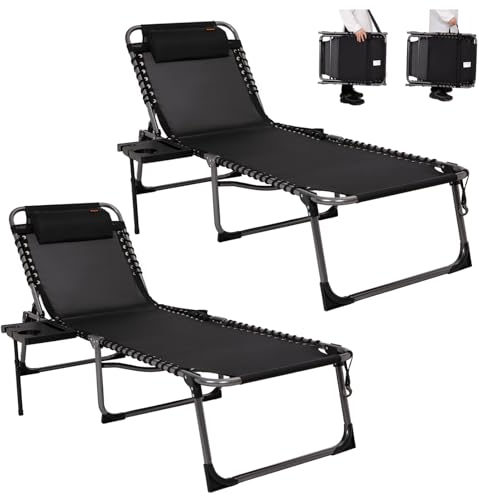 KingCamp Chaiselongue, verstellbar, Textilene, wasserdicht, Terrassen-Lounge-Sessel mit Beistelltisch, tragbar, Camping, Liegestuhl mit Kissen, 2 Stück, Schwarz