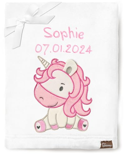 Be Mammy Personalisierte Babydecke mit 3D Applikation Warme Kuscheldecke mit Namen und Geburtsdatum; Perfektes Baby Geschenk; Blanket; Krabbeldecke BE20-280 (Weiß - Einhorn)