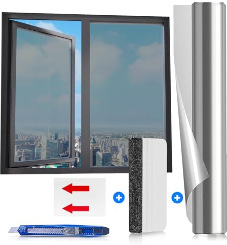 Fensterfolie Sonnenschutzfolie Fenster Innen, Fensterfolie Blickdicht, Sichtschutzfolie Fenster, UV-Schutz Spiegelfolie Fenster Sichtschutz, Silber Spiegelfolie Selbstklebend für Haus,Büro(40*200CM)