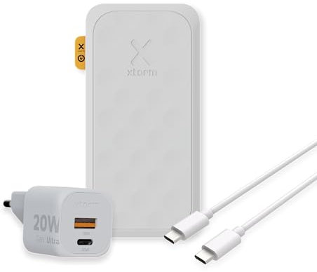 Xtorm Fuel Series 5 20W Powerbank Paket, 10.000 mAh Powerbank + Xtorm 20W Ladegerät + USB-C auf USB-C Kabel, Weiß