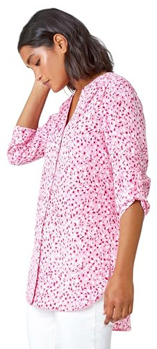 Roman Originals Shirt Top for Women UK Ladies Collarless Blouse Smart Tunic Button Through Longline Asymmetric Hem 3/4 Length Roll Up Sleeves V Neck Going Out - Pink Cerise White - Size 12