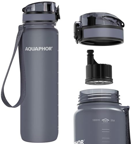 Nakii Filtered Water Bottle, Leakproof, BPA-Free, Motivational Markings, Travel, Everyday Use. 40-Gallon Filter, Replaces 300 Plastic Water Bottles. Includes 1 Filter, 34 FL Oz, Grey by Aquaphor