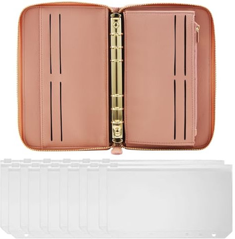 Povxlum Classeur Budget A6 Organiseur Multifonction avec 12 Poches Transparentes, Livré avec Portefeuille et Enveloppes pour Cartes, Argent et Documents – Accessoire Idéal pour Gérer votre Budget Rose
