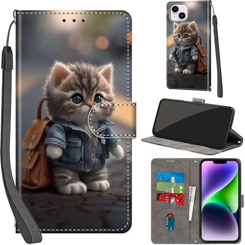 Haninsuze for iPhone 14 Plus 6.7-Inch Case PU Leather Wallet Book Flip Folio Stand View Magnetic Multi-Pattern Cover compatible with iPhone 14 Plus Phone Case (Cat)