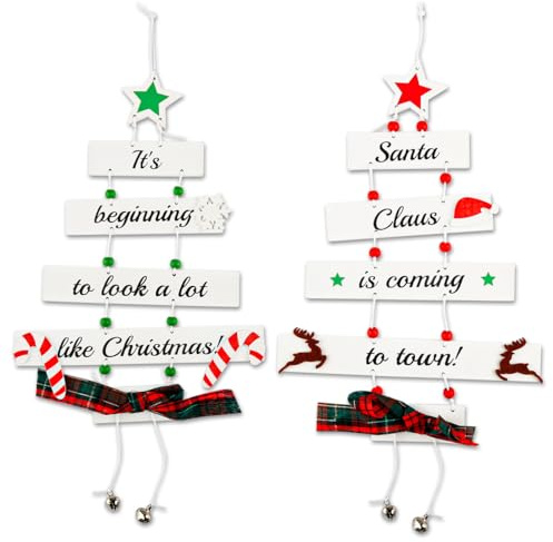 Thyonta 2 Pcs Wooden Christmas Ornaments Holiday Decor Christmas Tree and Letter Shaped Hanging Decorations Eco-Friendly Material for Window Displays and Scene Settings