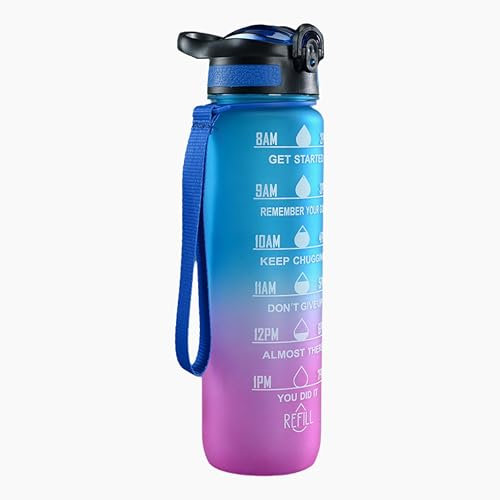 IOLOYU trinkflasche 1l mit strohhalm sport wasserflasche auslaufsicher water bottle mit zeitmarkierung und wassermengenskala 1 liter groß aesthetic flasche bpa frei bottle für sport(Blau+Violett)