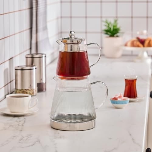 Karaca Keops Borosilicate Glass Teapot with Infuser - Transparent Tea Pot Turkish Tea Maker for Loose Leaf, Herbal Tea - Tea Kettle (1500 ml) & Teapot-Lid with Removable Strainer (450 ml)