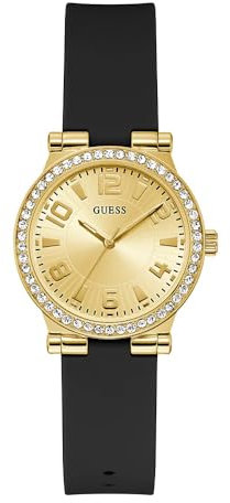 GUESS Montre analogique en silicone doré, peau de serpent noire, Peau de serpent noire