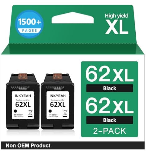 INKYEAH 62 XL Druckerpatronen Schwarz- 2X 750 Seiten, Kompatible für HP 62 Schwarz Original für HP62 Druckerpatrone, 62 XL für OfficeJet 200 250 5742 5740 Envy 7640 5540 5640 5544 5646 5548