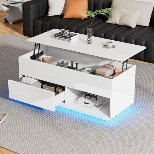 Merax Couchtisch, höhenverstellbarer Wohnzimmertisch mit LED-Beleuchtung, Kaffeetisch mit Schubladen, offener und versteckter Stauraum, Sofatisch aus Holz, Beistelltisch für Wohnzimmer, Büro, Weiß