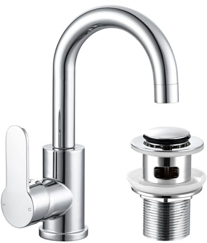 Basin Mixer Tap Swivel Sink Taps for Bathroom with Pop Up Waste, Modern Mono Swan Neck Bathroom Tap Single Lever Basin Taps for Washroom, Chrome