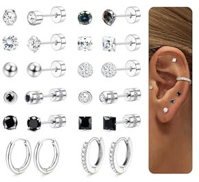MOGASA 12 Paar Hypoallergene Chirurgenstahl Ohrringe Set für Damen Herren Knorpel Conch Tragus Helix Piercing Ohr Medizinische Ohrstecker und Creolen Set Silber Ohrringe Damen