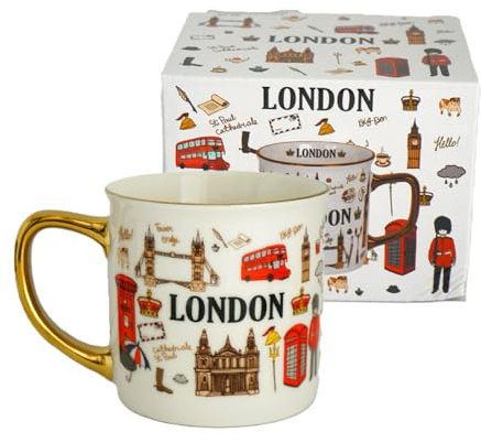 Stylish British Heritage London Mug – Collectible Ceramic Coffee Tea Cup with Gold Handle & City Symbols Landmark Design