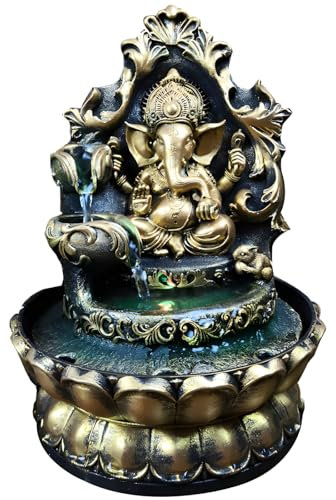 Tabletop Fountain Indoor Water Fountain, Elephant God Themed Indoor Water Fountains Tabletop, Gold and Black Water Fountain Decor Indoor, LED Lights Water Fountains Indoor Decor
