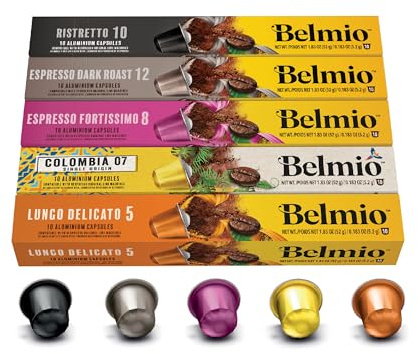 Belmio Capsules Nespresso Compatibles, Pack Mix d’Intensités, Capsules de café fortement torréfiées, Intensité 5 à 12, Qualité belge authentique, 5 variantes de saveurs, 50 unités.