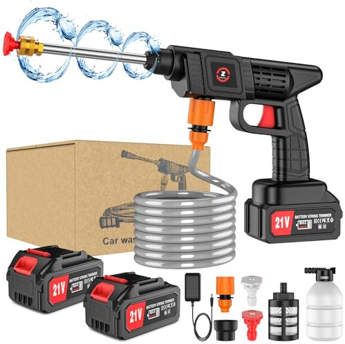 Hochdruckreiniger, kabellose Hochdruckpistole, 50 bar, Hochdruckreiniger mit 1 Akku, Ladegerät und 5 m Schlauch, für Waschen und Bewässerung des Autos (A-2Akku)