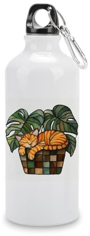 Jubonexis Pot de fleurs en verre teinté orange chat endormi bouteille d'eau de voyage bouteille d'eau de sport bouteille d'eau avec boucle à visser pour homme femme camping randonnée 600 ml