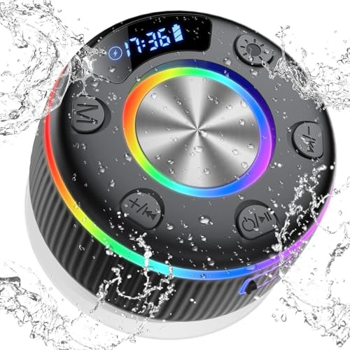 Bluetooth Shower Speaker, 2026 Portable Speaker with Suction Cup, IP7 Waterproof Speakers with 360° Stereo Bass, 8H Playtime, Time Display, RGB Lights, Bulit-in Mic, Time Display for Bathroom, Travel